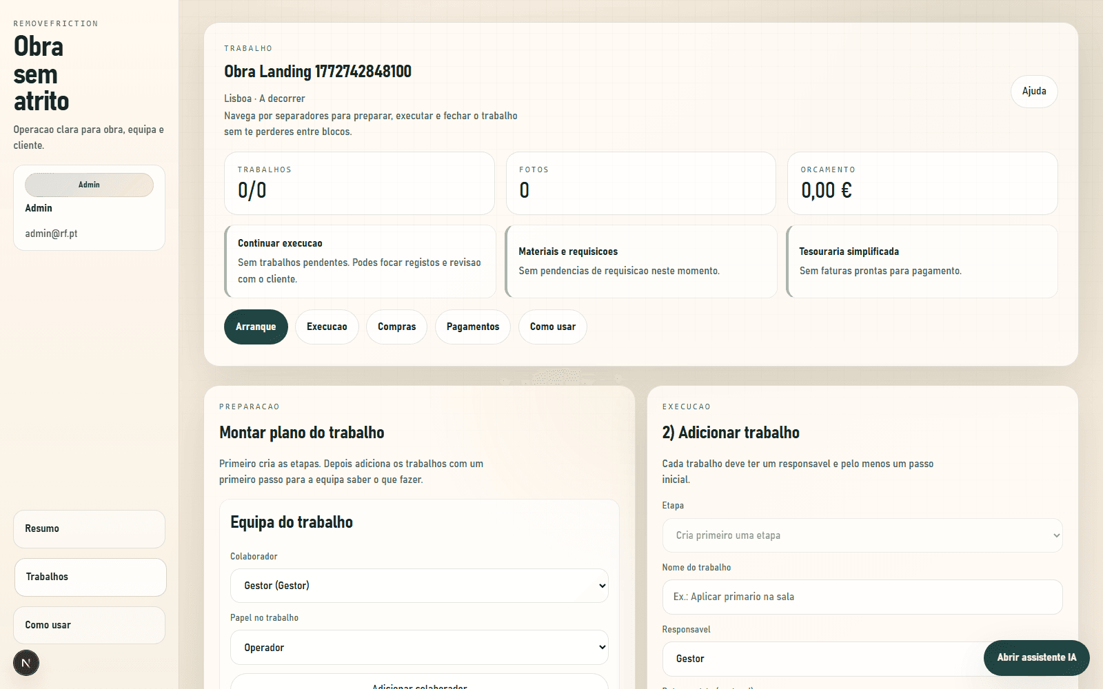 Cliente, obra, local e equipa no mesmo primeiro passo preview